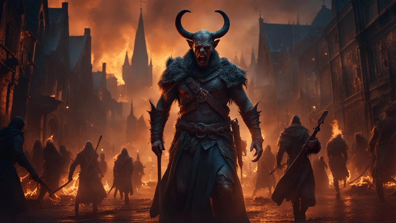 a demon leading an army of the dead through a burning medieval city. the apocalypse. empty hands. blood. magic in the sky. fantasy setting. intense horror. blind terror. scared to death. a masterpiece, fantasy concept art, dynamic lighting, hyperdetailed, intricately detailed, deep color, Unreal Engine, volumetric lighting, Epic cinematic brilliant stunning intricate meticulously detailed dramatic atmospheric maximalist digital matte painting