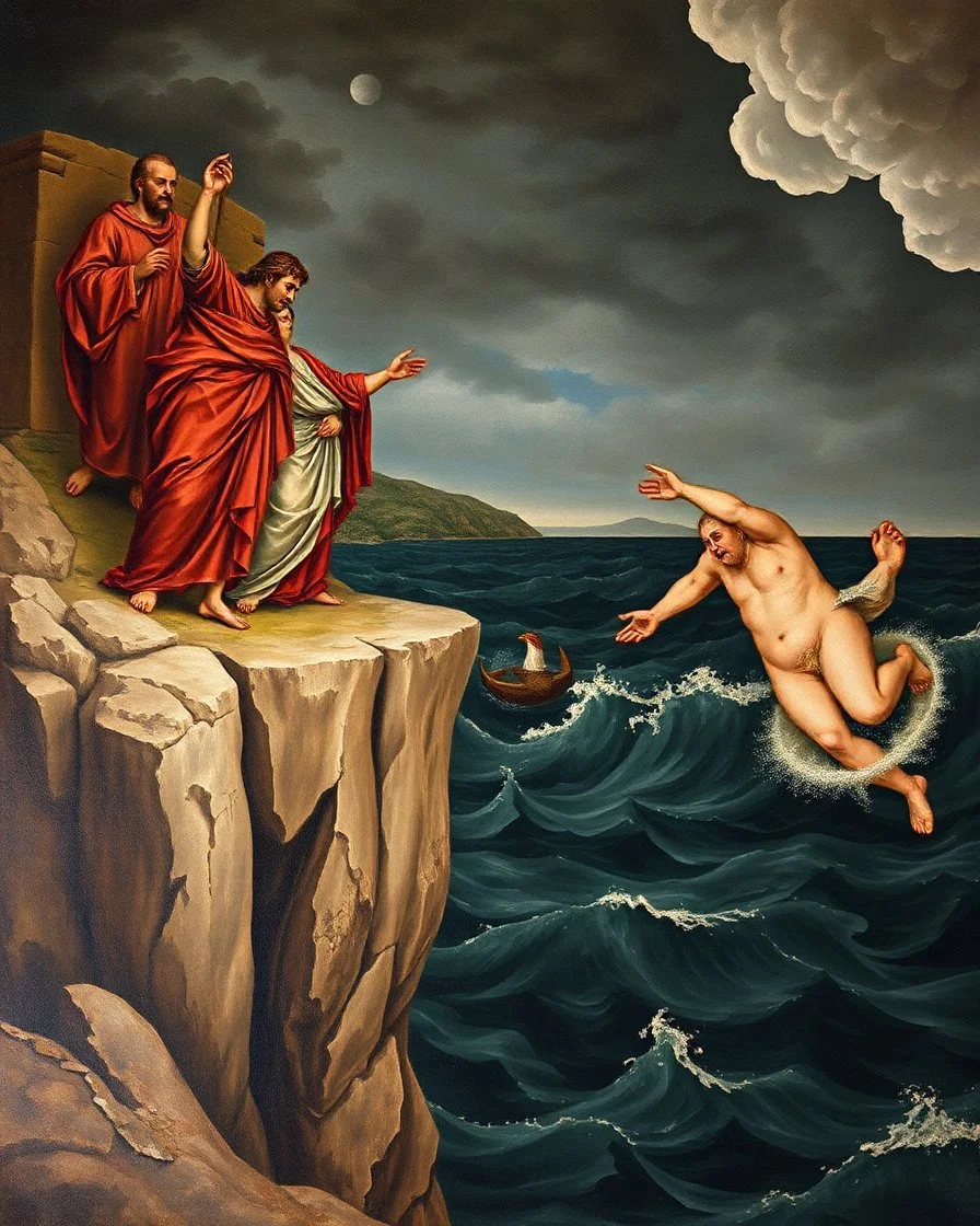 Renaissance mural of the moment when the Pythagorean disciples throw Hypasus into the Aegean Sea. Capture the split second before it falls to the dark, choppy waters below. The disciples stand at the edge of the cliff, their faces hidden in the shadows, while Hippasus is depicted with a look of shock and despair. The background features the turbulent sea and stormy sky. Created using: Raphael's mastery of perspective, rich depth of color, classic Renaissance iconography, intricate details in bot