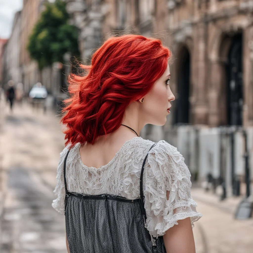 a girl with bright red hair, looking over her shoulder, walking along a bust street