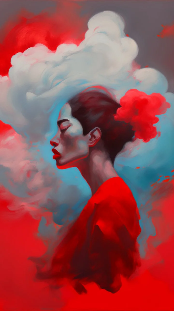 Painterly. Abstract. A girl face side view . A willowy androgynous human figure stands clothed in red silk raiments. Anomalous red cloud issuing forth from the heart. Simple yet majestic