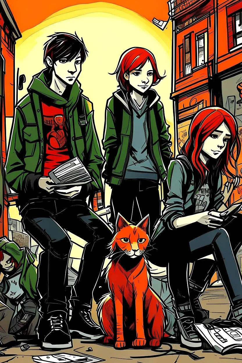 Act like a book cover designer. Use graffiti style. Three teenagers (13-15 years old) - two redhead boys and a brown-haired girl with a grimy black cat. Environment: old town.