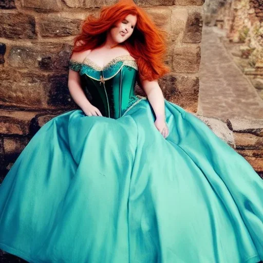 Picture of a princess with long auburn hair in a big teal green and gold satin ballgown corset off shoulder top dancing in a castle