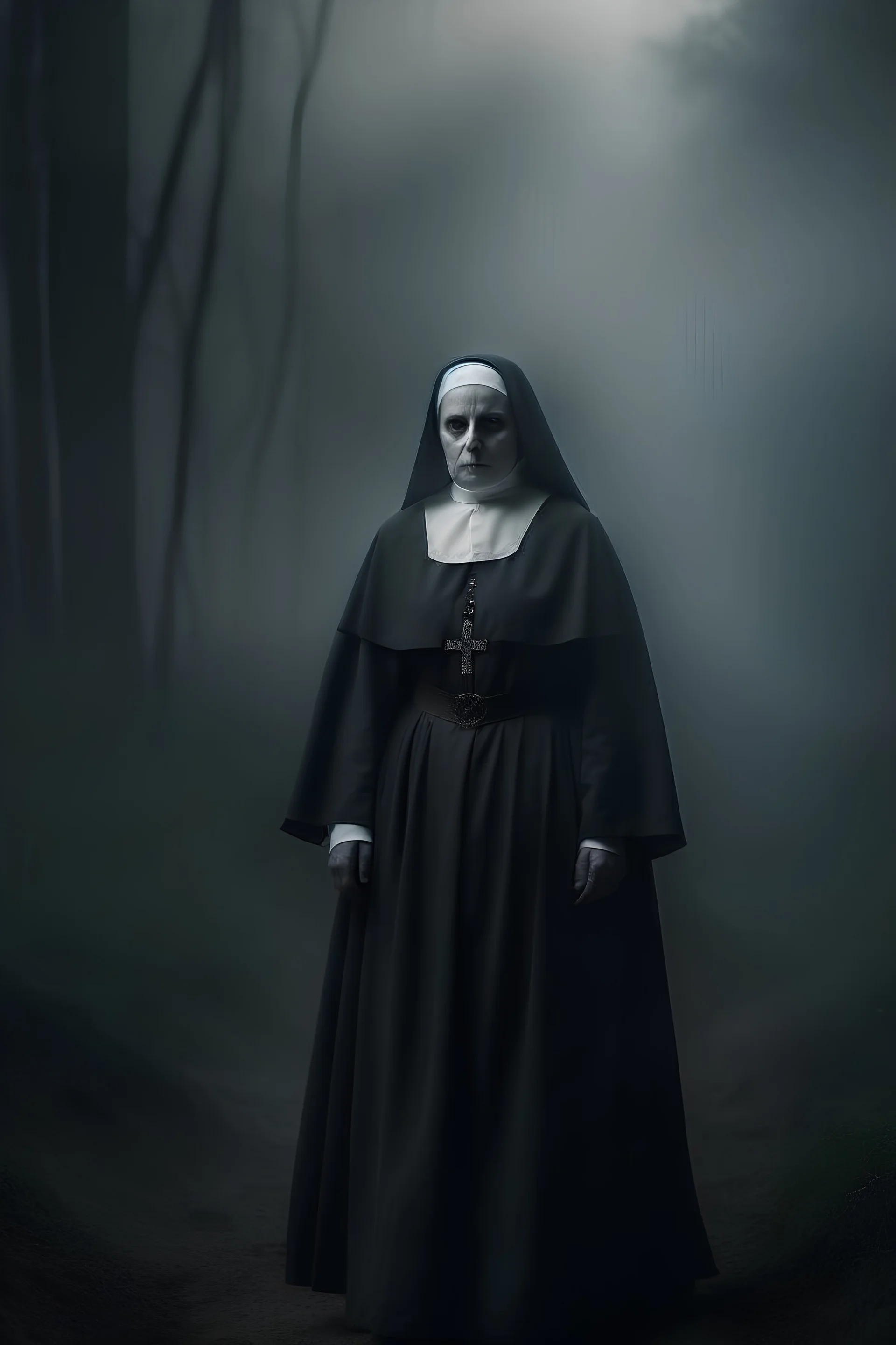 demon evil nun standing in thick misty forest next to a monastery