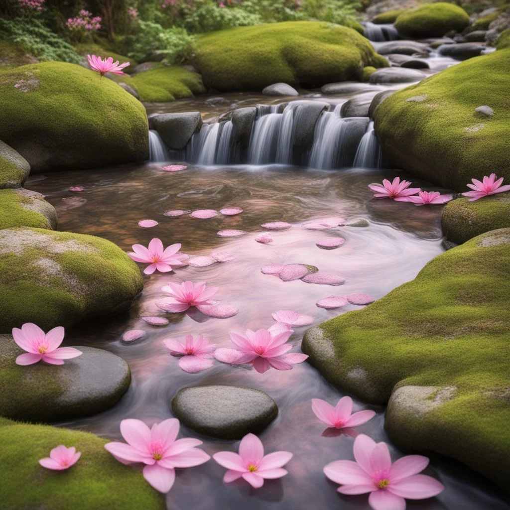 Round pond with lots of water, moss-covered stones all around and the water has a delicate pink shimmer, a few delicate pink flowers on the stones and a small waterfall