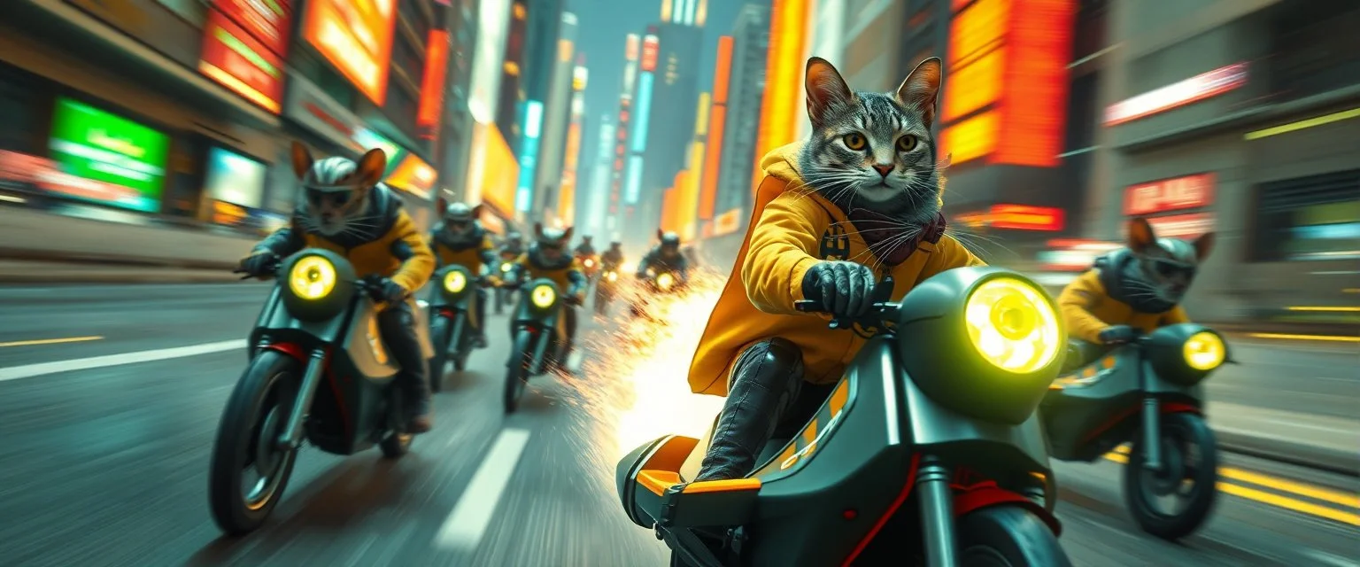 arch rocket ship scooter coated cat captain in high speed pursuit among neon rat cyber soldiers, with background motion blur