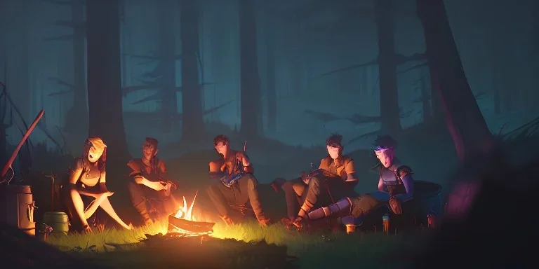 Adventurers resting around a campfire with a cooking pot in a forest clearing at night, starry sky, dark fantasy, high detail, high definition, big adventuring bags