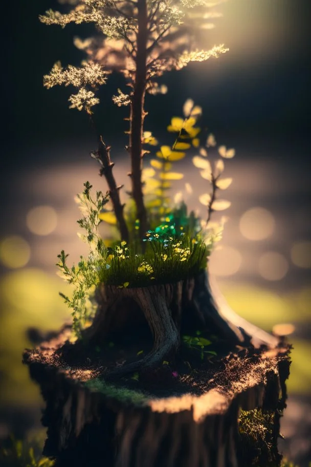 black westphalia stump with a bokeh frame of wild flowers and green leaves (((scale model photography))) westphalia in double exposure ((((low iso, double exposure, )) in sunshine