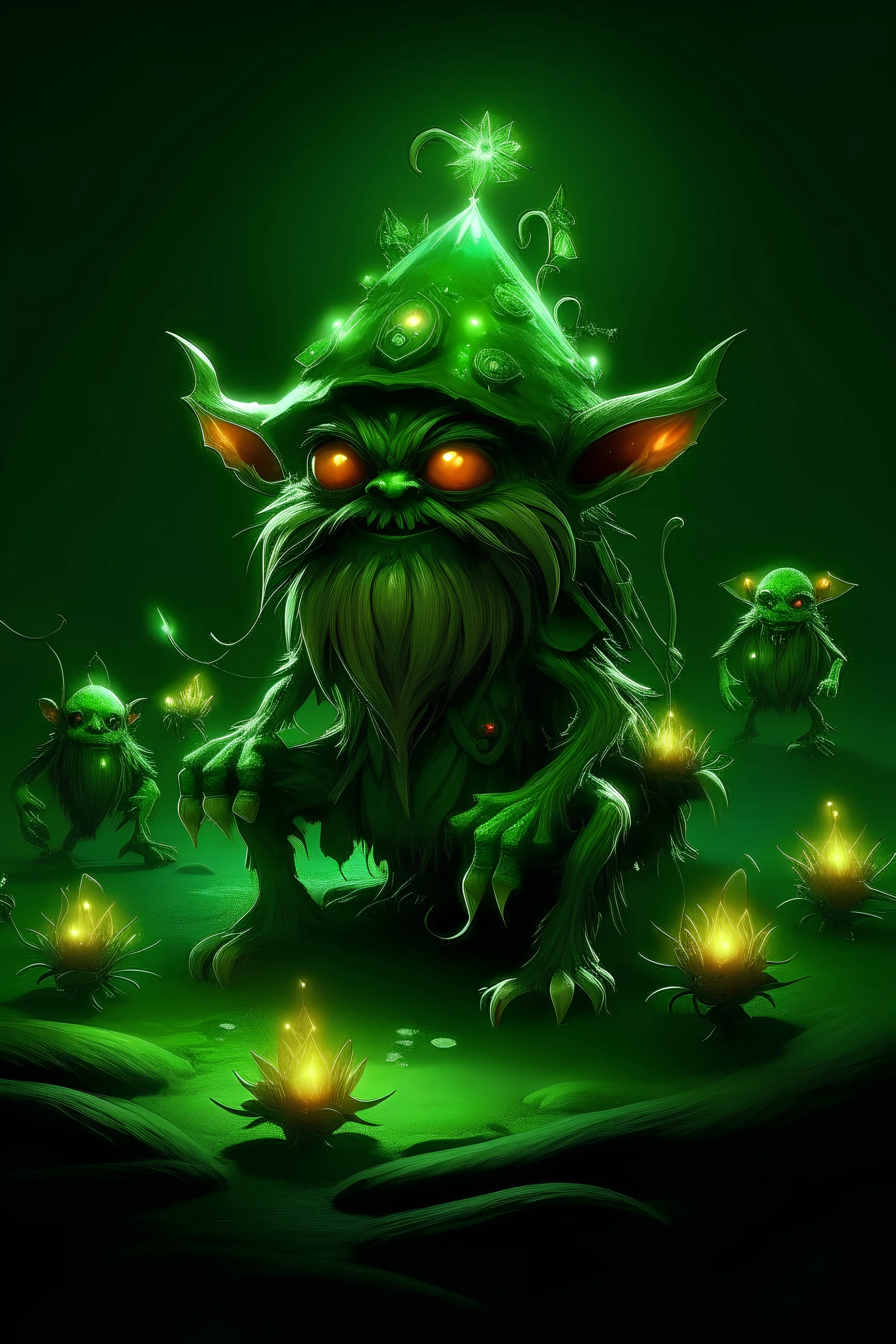 an image of a huge green glowing gnome with 6 flying spiders following him