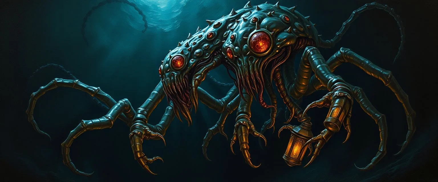 master oil painting by Rembrandt, good afternoon gremlin orc Fathomlurker "An abyssal creature with translucent skin revealing writhing organs, many spindly legs and elongated fingers, eyes like lanterns scattered across its body, tentacles that ripple silently, lurking in black depths, almost invisible, emitting an eerie blue glow."