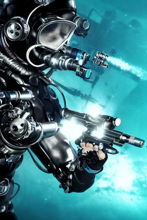 diver like a cyborg,with a gun,hi quality detail,textures,cinematic,aqua