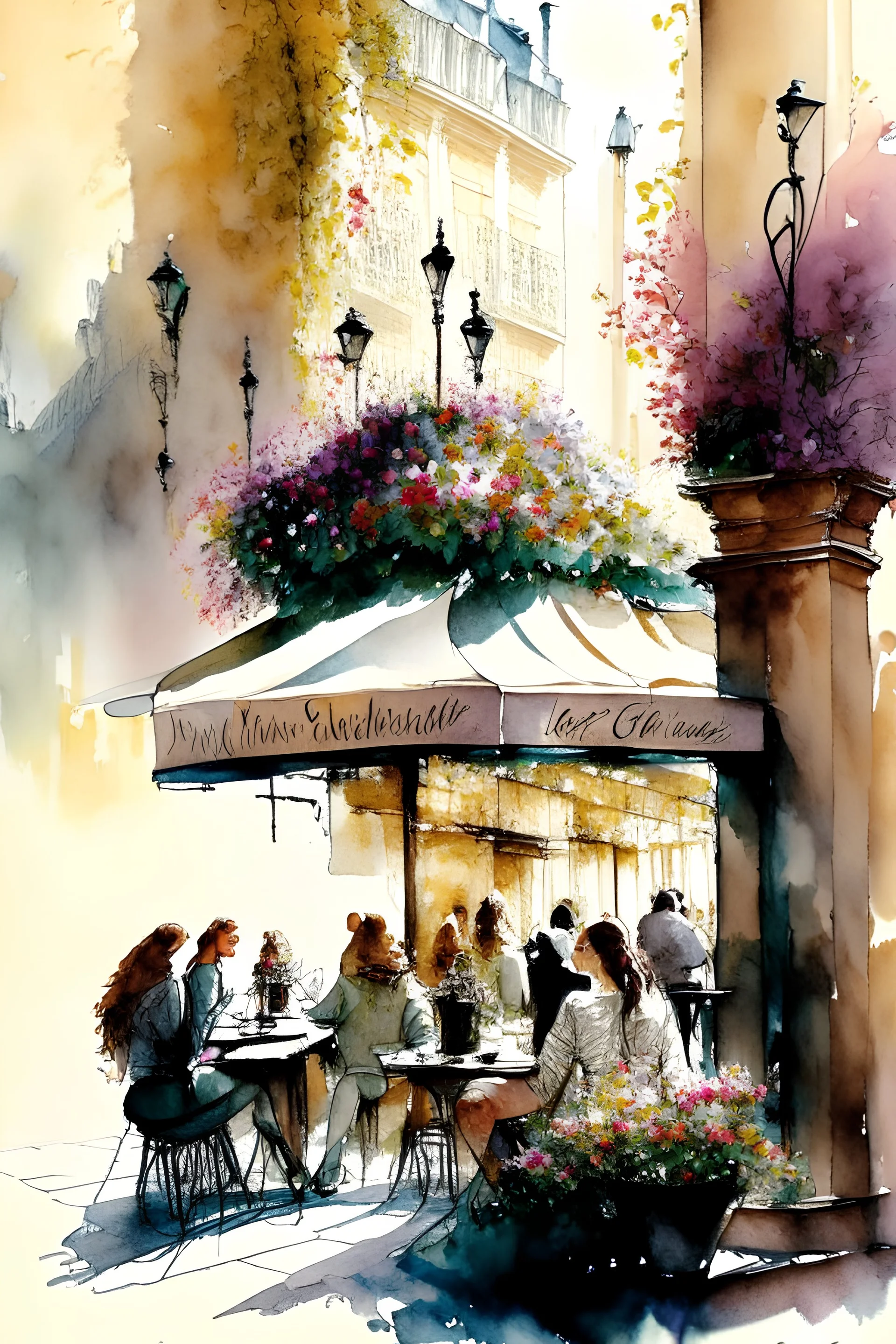 paris cafe, water colour, with people, with flowers