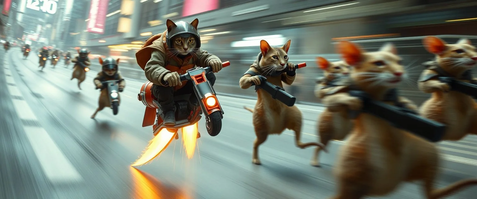 arch rocket ship on leaning scooter coated cat captain in high speed pursuit among neon rat cyber soldiers, with background motion blur