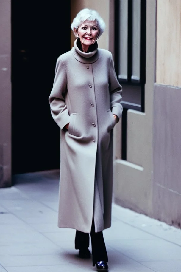 mujeres de 65 años caminando por una céntrica calle de una ciudad española, visten ropa de segunda mano, abrigo y jersey de cuello alto, es la moda y es tendencia, fotografía real, de cara a la cámara