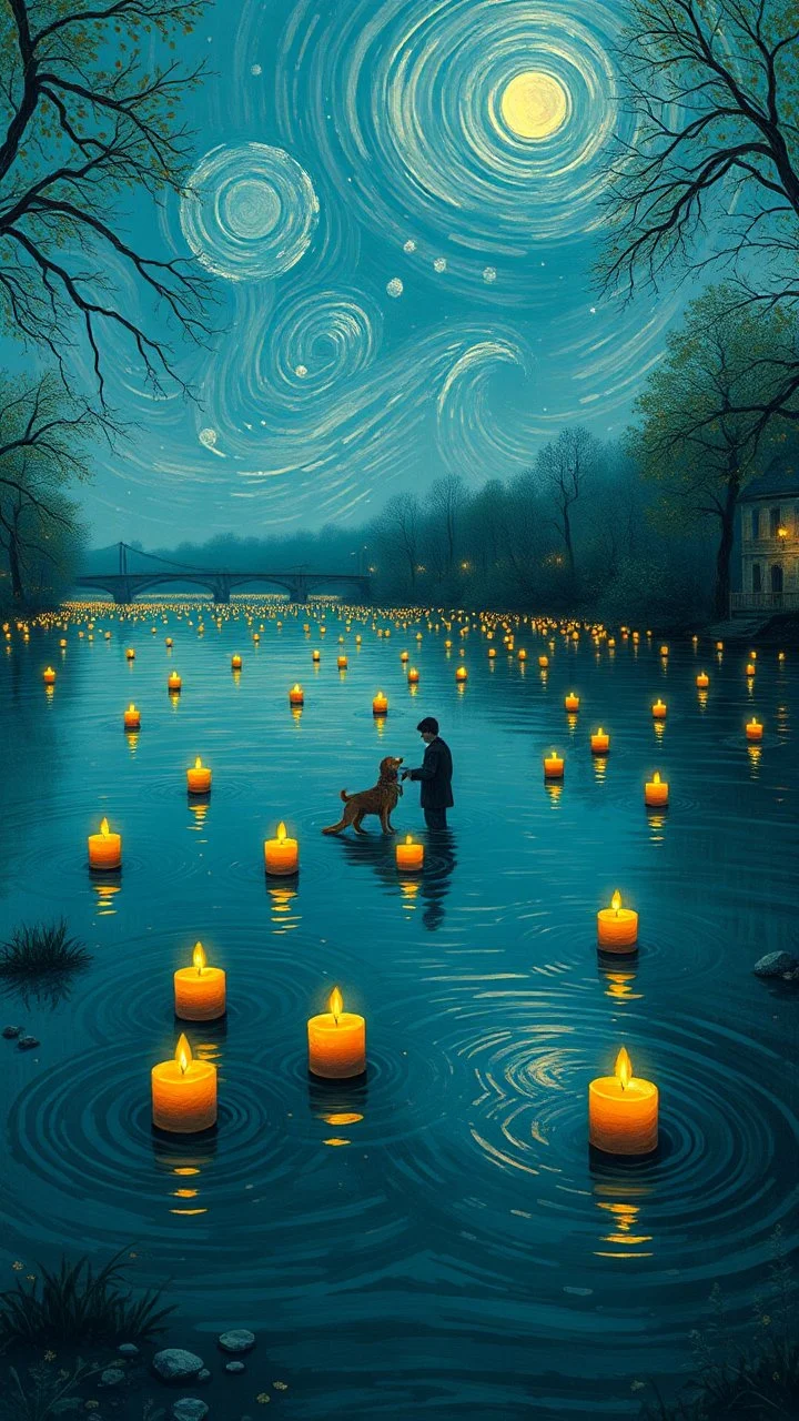 Candles floating on the water of a river , in the style of vincent van Gogh, without people and animals only a couple lovers with a dog