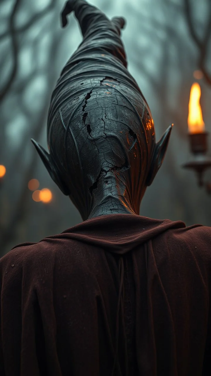 Busch painting style nightmare, a zoomed rear view of a witch by his face skin is a rusted broken metallic skin texture in a 3d rendering full-height image of a grim and dark scene. Ensure the final images exhibit the utmost quality, encompassing 4K, 8K, and 64K resolutions, with 3D rendering that manifests in photorealistic, hyperrealistic, and highly detailed representations. Employ techniques such as HDR, UHD,