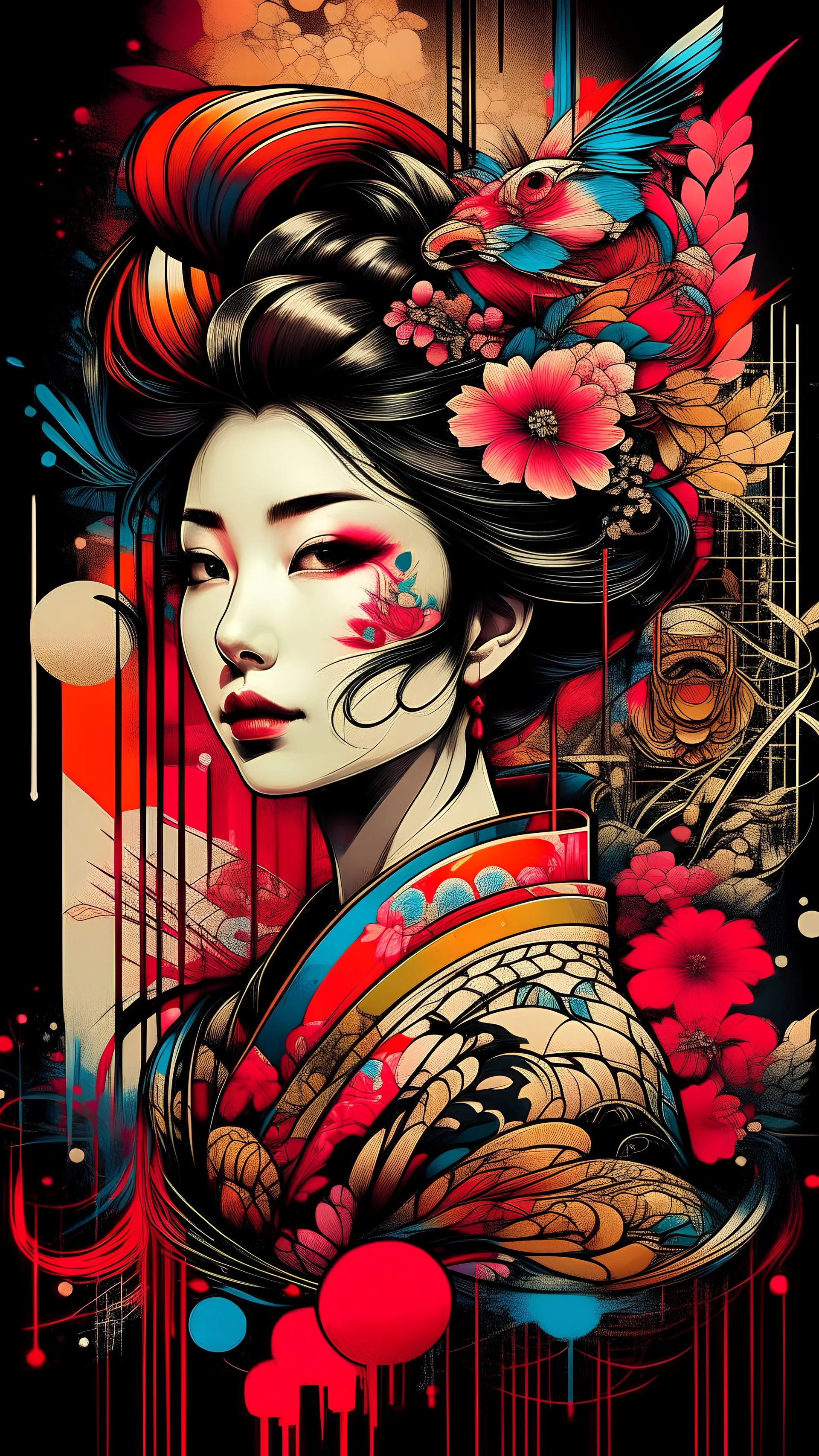 Meticulous double exposure illustration of a beautiful Geisha, hand-rendered in high-quality liquid pen and ink, adorned in a stunning palette of triadic colors. Nestled within a vintage and flat 2D space, the art is given depth by a complex background that dances with mystic allure, masterfully captured in the styles of Craola, Dan Mumford, and Andy Kehoe. Bearing the marks of a well-loved storybook, the artwork is splashed onto