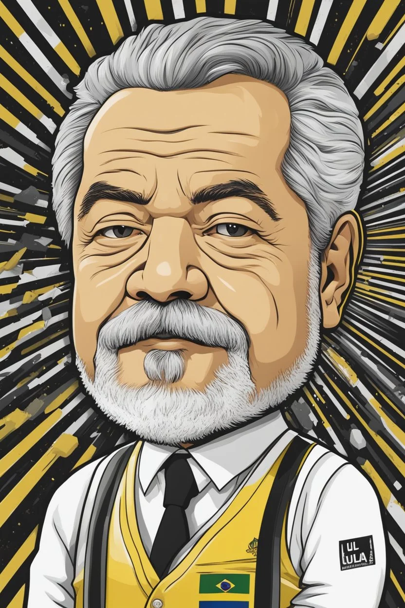 Caricatura chibi de Luis Ignacio Lula da Silva presidente de Brasil, serio, calidad ultra, hiperdetallado, color blanco, negro y amarillo, increíble obra de arte, formas y líneas estilizadas