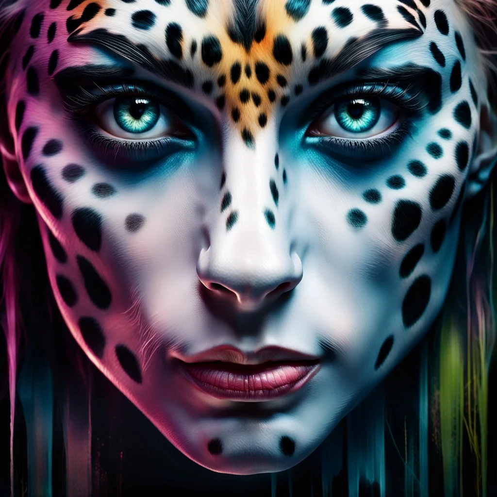 candy leopard, portrayed with the intricate facial features and extremely detailed pupils characteristic of Stefan Gesell's style, blended with the elongated forms and dramatic chiaroscuro reminiscent of El Greco, conveyed through a light painting technique with push processing, incorporating holographic elements for a dreamy, vibrant effect, soft skin texture, clarity achieved, supporting a perfect composition, cinematic atmosphere, delicate detail