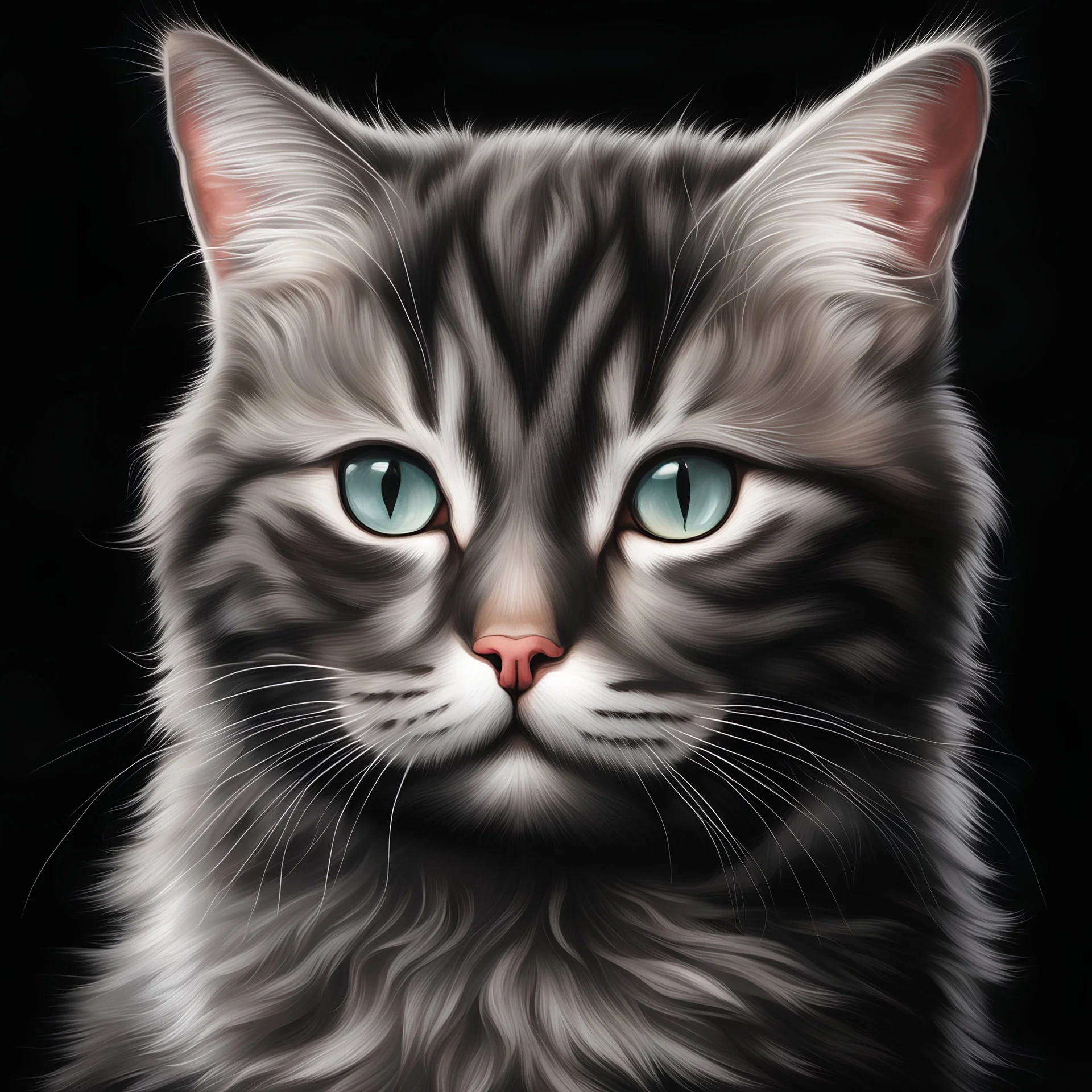 realistic kitty portrait, black background.