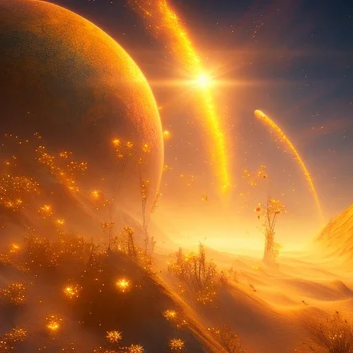 beautiful cosmic transparent golden landscape very etheric and cosmic, delicate colors, ultra sharp focus, 8k, unreal engine 5, extremely sharp detail, light effect, soft light atmosphere, smooth, full of details