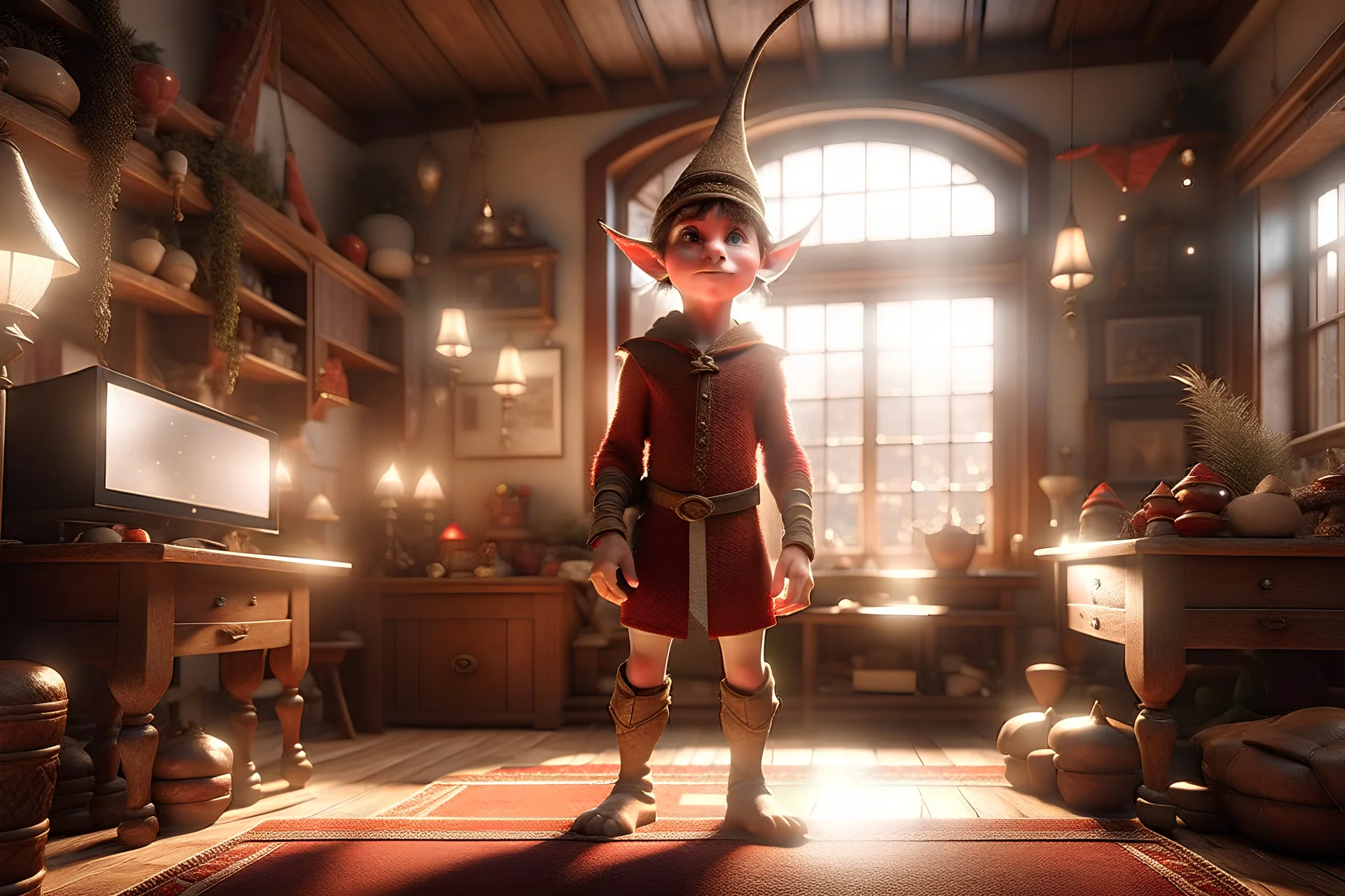 Digital art, high quality, digital masterpiece, natural illumination, sunny day, realistic, film style, (full body:2.5), (1 small elf boy standing on a huge room:3), (brown hair:1.8), (sexy eyes:1.8), (tall:1.8), (Christmas Elf costume:2), (A huge room:1.8)