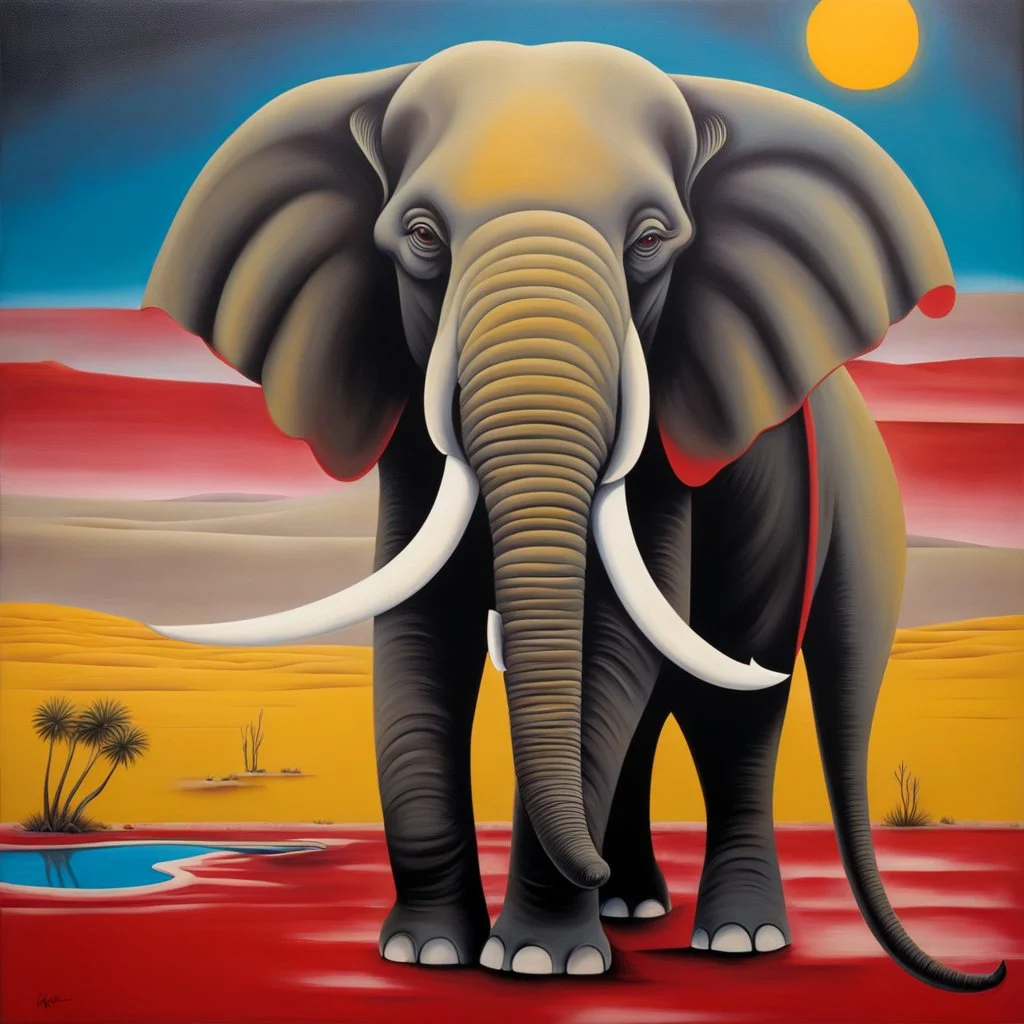 by Desmond Morris, weird grim desert wonderland, surreal elephant drinking from a red pond, matte oil painting, dark colors