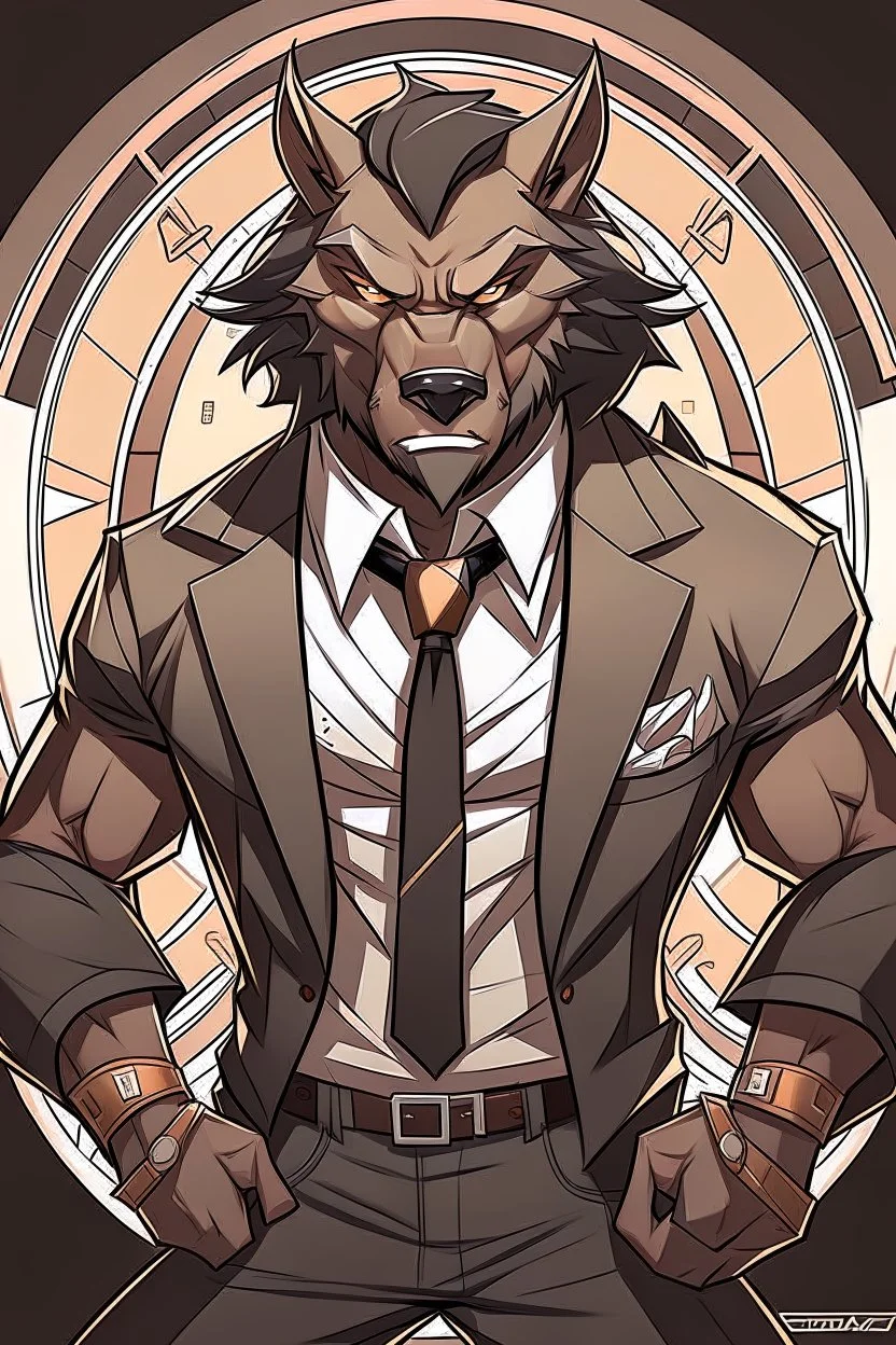 Buff, anthro, wolf, himbo, black fur, gold eyes, wearing a suit, full-body, muscles, strong, muscular, man boobs, bulky, tail, dark fur, smug grin, hands on hips,