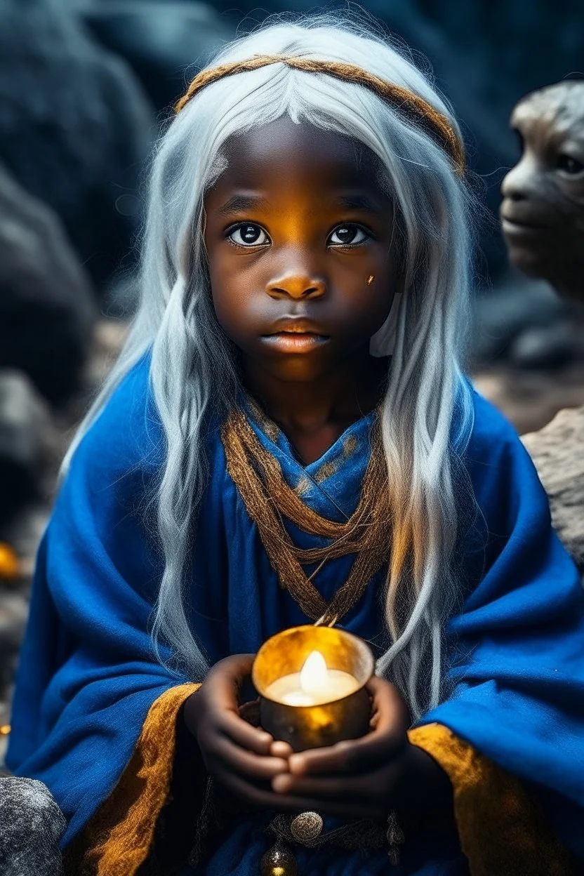 Little 6-year-old sorceress girl, black skin, blue eyes, long, straight snow-white hair, dressed in an ancient and ancestral blue two-piece sorcerer's garment, overflowing with a mythical golden aura, in a primitive village in the mountains