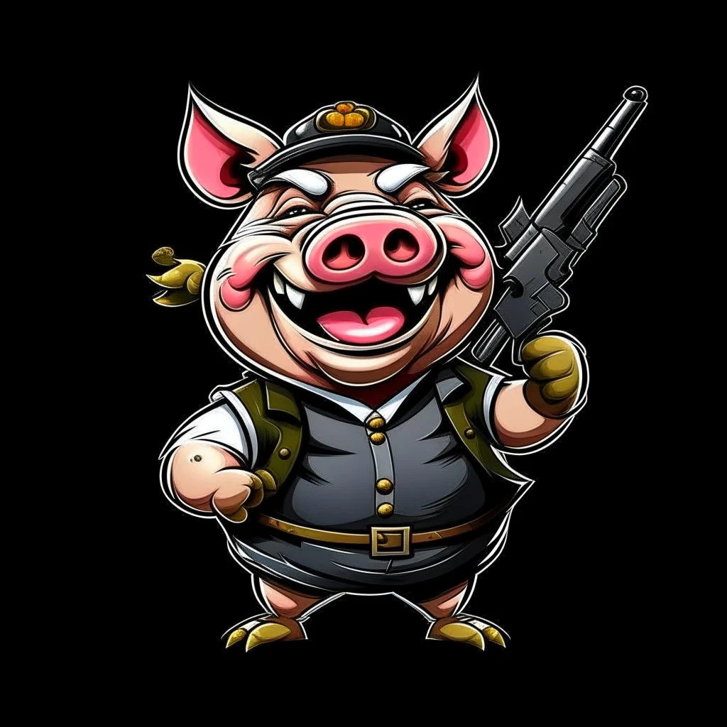 Little pig laughing, armed with a gun, cartoon style, James Bond style, vivid and dark colors, transparent background, 32k UHD