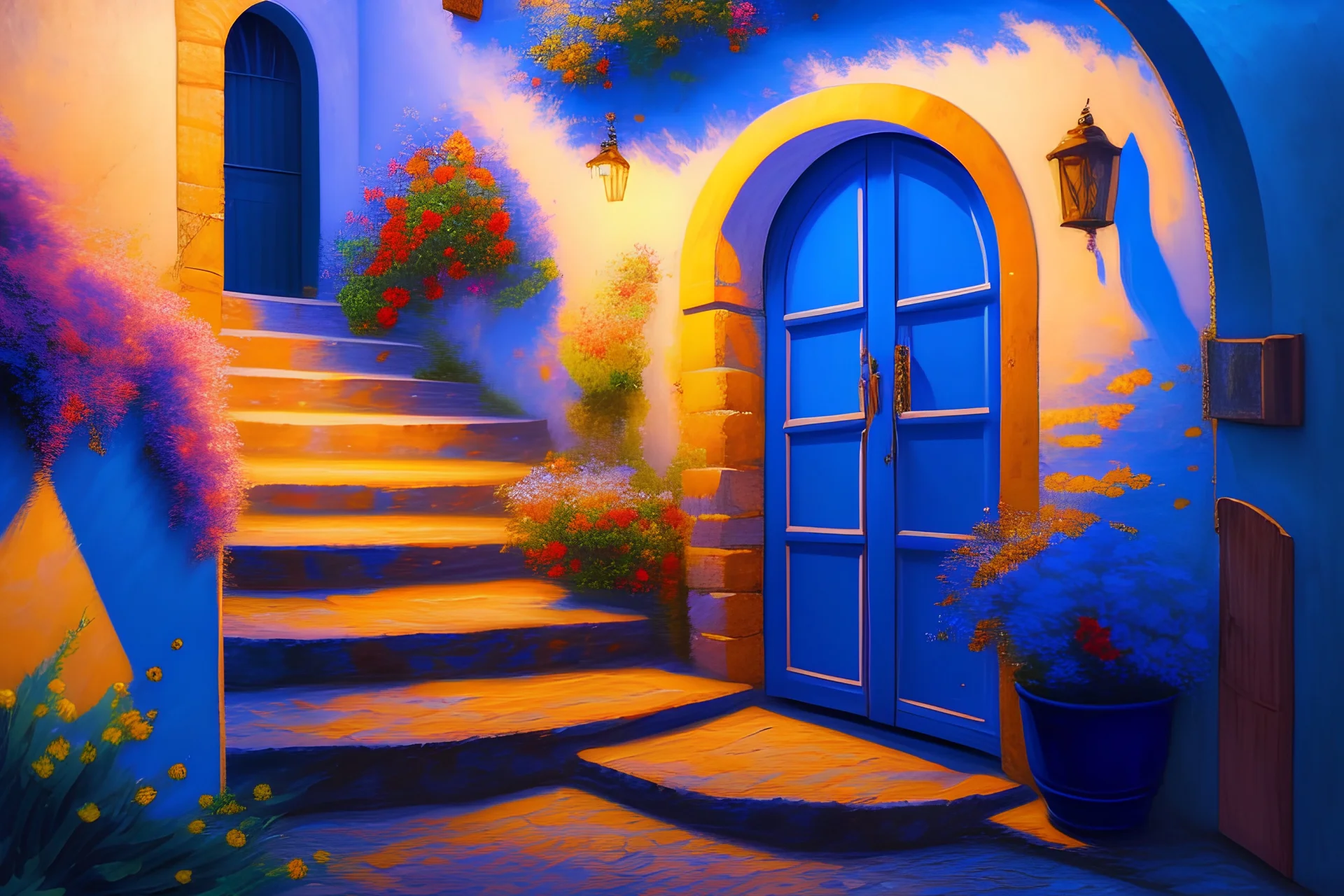 High definition, sharp edged, impressionist painting of a small and inviting Italian house, with a beautiful courtyard, an inviting door, small archway, pretty flowers, steps, a window, and with attractive blue hour lighting at dusk