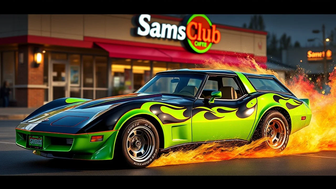 suped up 1979 corvette stationwagon green with black flames outlined with a thin red pinstripe, in front of Sam's club, SuperSport car, impressive, VIP, award winning, detailed a colorful splash of steampunk bubbles , amazing splashscreen artwork, photoshop water art, liquid painting, swirling paint colors, ink splash, physics splashes of colors, colorful swirls of paint, paint splashes, swirling paint, painting of splashing water, splashes of liquid, cgsociety saturated colors,