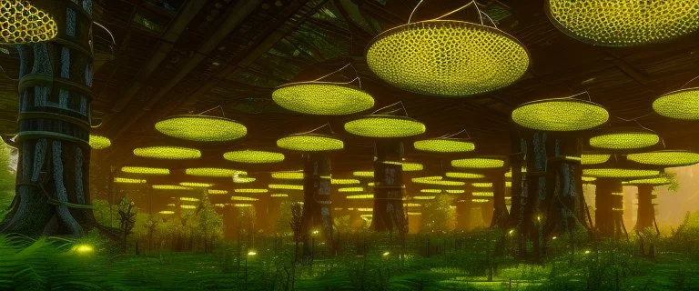 a huge library in forest with fireflies and yellow magic lights around trees that have wide leaves and broad trunked. Realistic