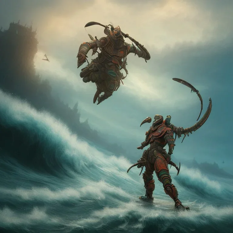 an ibis warrior in orange and green full battle armor, background of giant crashing ocean waves, a highly detailed illustration, realistic render, 8 k, micro detail, intricate, elegant, centered, digital painting, smooth, sharp focus, illustration, artgerm, tomasz alen kopera, peter mohrbacher, donato giancola, joseph christian leyendecker, wlop, boris vallejo