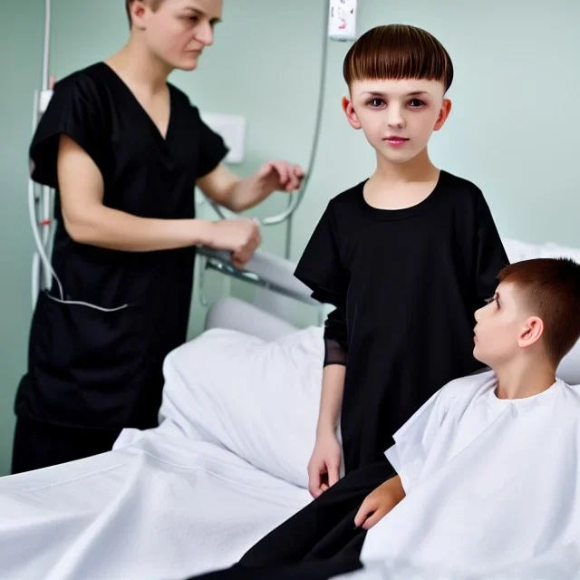 Russian tomboy boyish boylike short man's haircut boyish features in black girlish nightgown in hospital in delivery