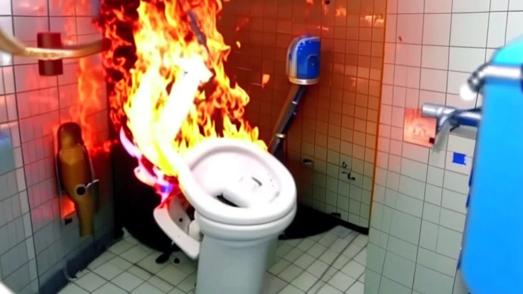 man sprays fire extinguisher all over toilet in the bathroom