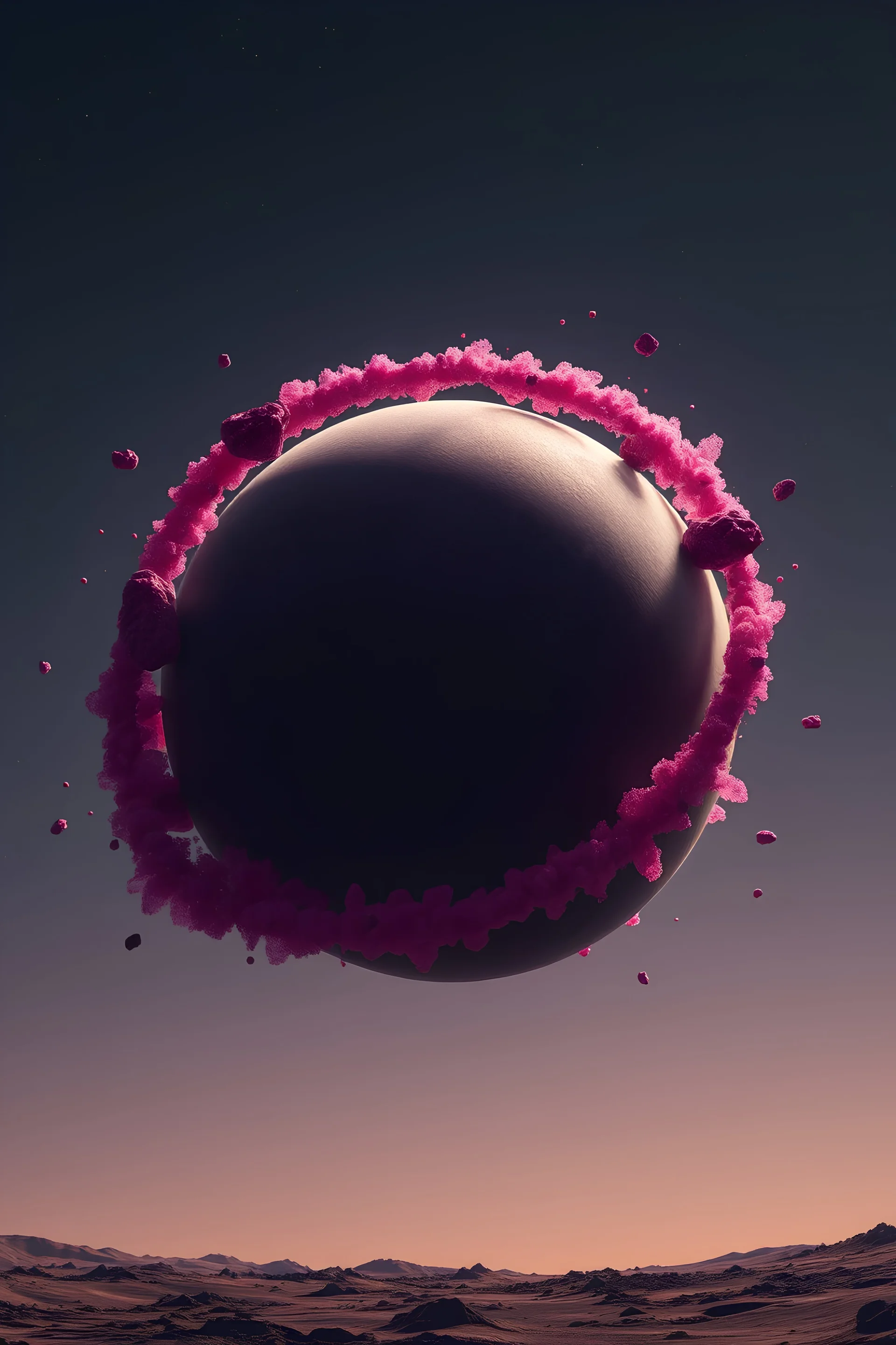 Pink and purple asteroids making a ring around a planet, as seen from the ground below