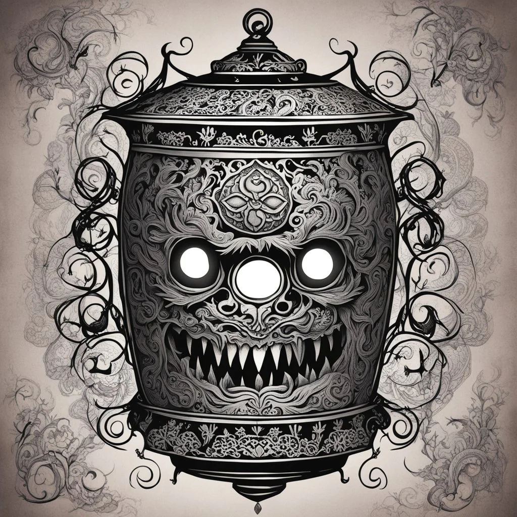 the tattooed killer lantern floats eerily, its lace exterior etched with intricate designs that seem to writhe and pulse with a life of their own. the ghastly sight of a pulsating brain visible within, suspended in a macabre display of terror. two round eyes in its center. The bloody brain, adorned with cryptic symbols and nightmarish, throbs with a sickening rhythm. Each convulsion sends flashy light tendrils through the lantern, casting clear cut shadows on the walls of the temple