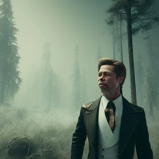 Full body, 3d render, Brad pitt 1800's men style, 1800's hair style, 1800's men clothes style, hyper realistic, octane render, unreal engine 5, 8k, palace background, uhd