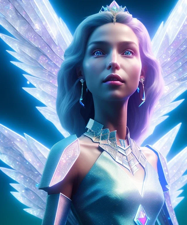 A smiling crystalised queen, atmospheric, realistic, unreal engine, cinematic lighting, octane render. blue, pink, transparency, light, shine,bright, full body, transparent wings, blonde, long hair, nice smile