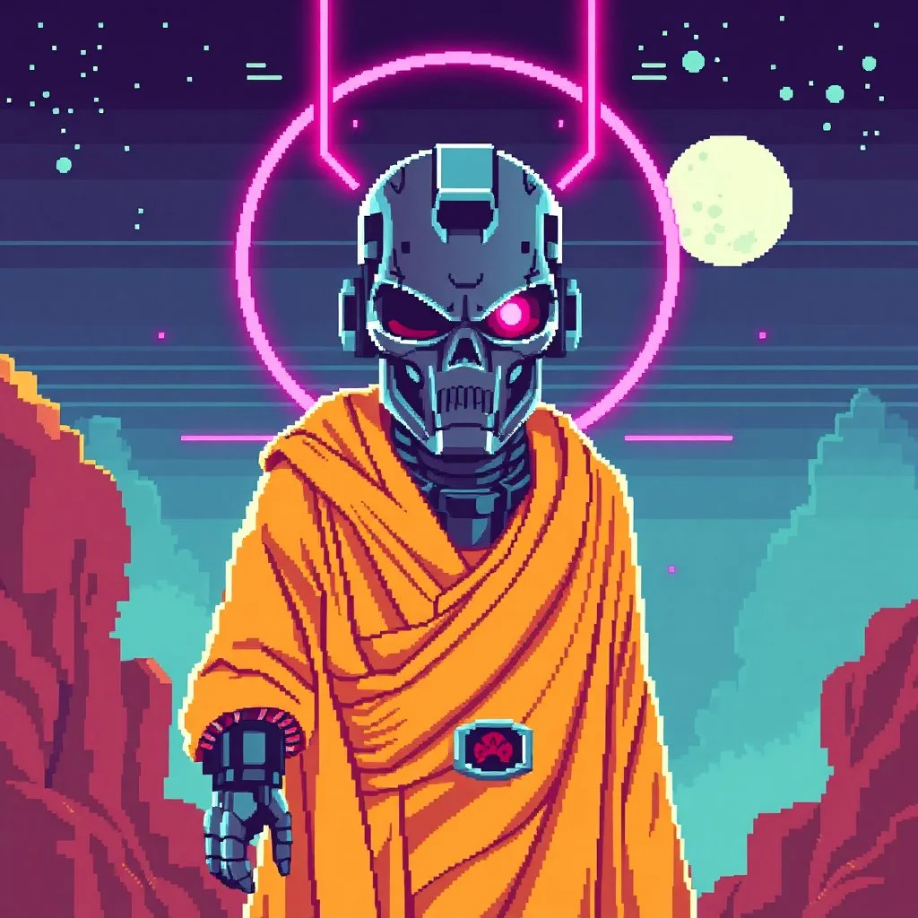 8 bit pixelart of a terminator like robot, synthwave colored, vaporware, budist monk robe