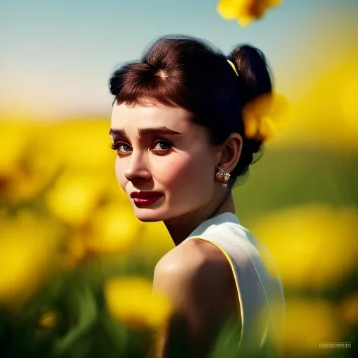 Audrey Hepburn with yellow flowers for hair, closed eyes, rtx, reflection, 8k, glow, winning photography, caustics