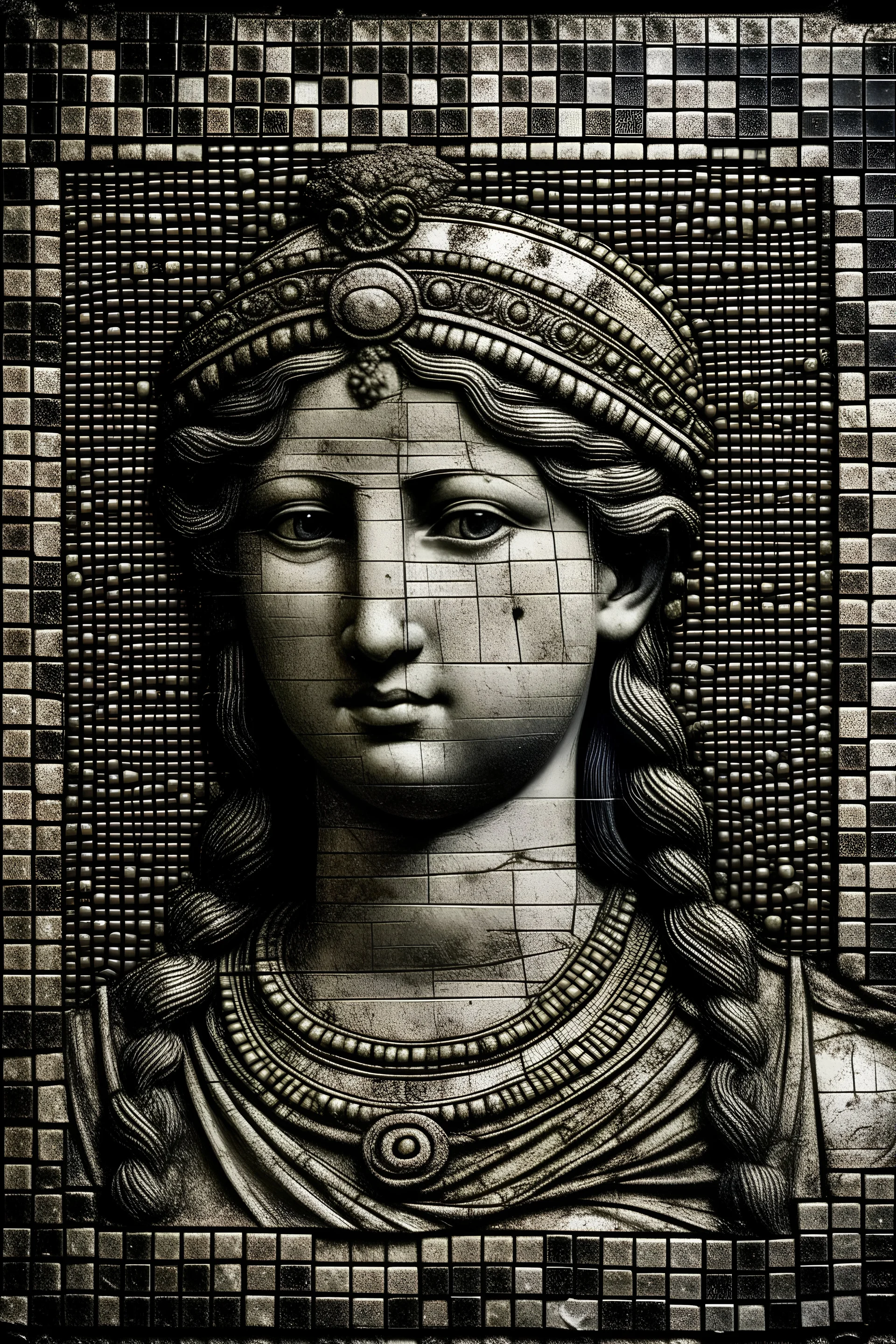Old daguerreotype of an Etruscan mosaic, goddess, hyperdetailed, highly textured