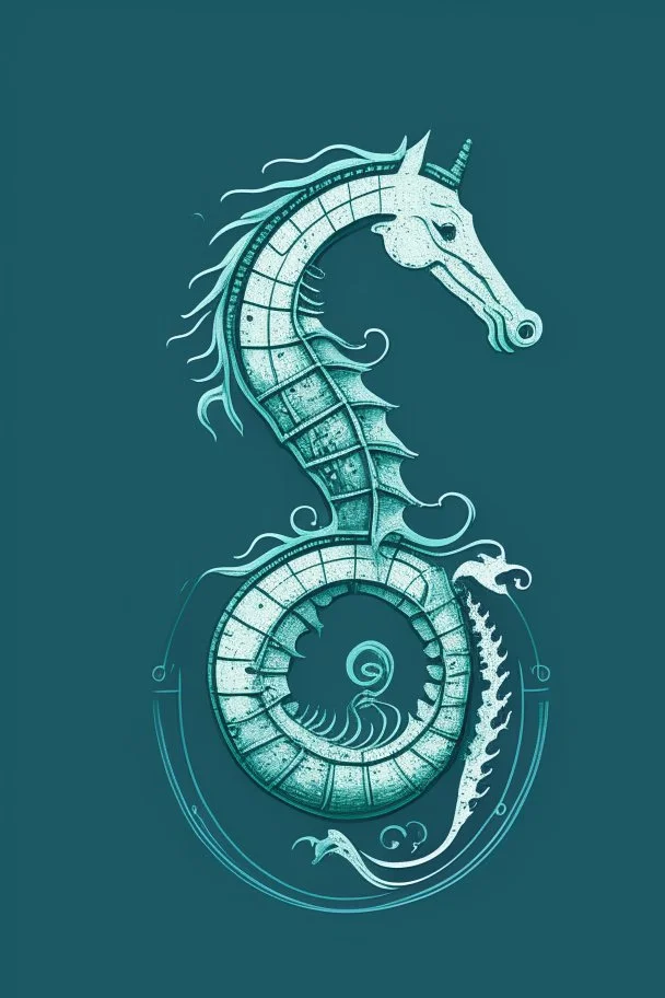 minimalist logo featuring seahorses in a katamaran in gothic style and blue-green hues.