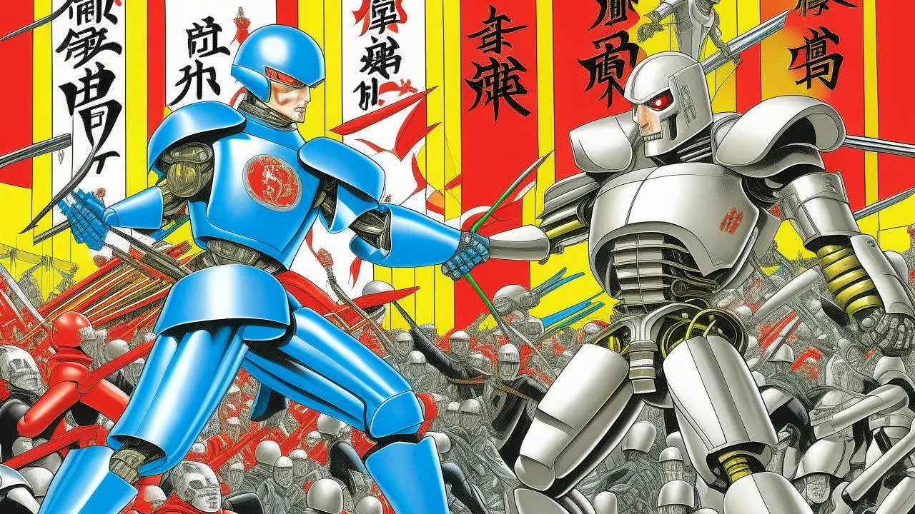 A digital illustration by Kuniyoshi and Hajime Sorayama of a fight between androids with anarchist flags and human fascists.