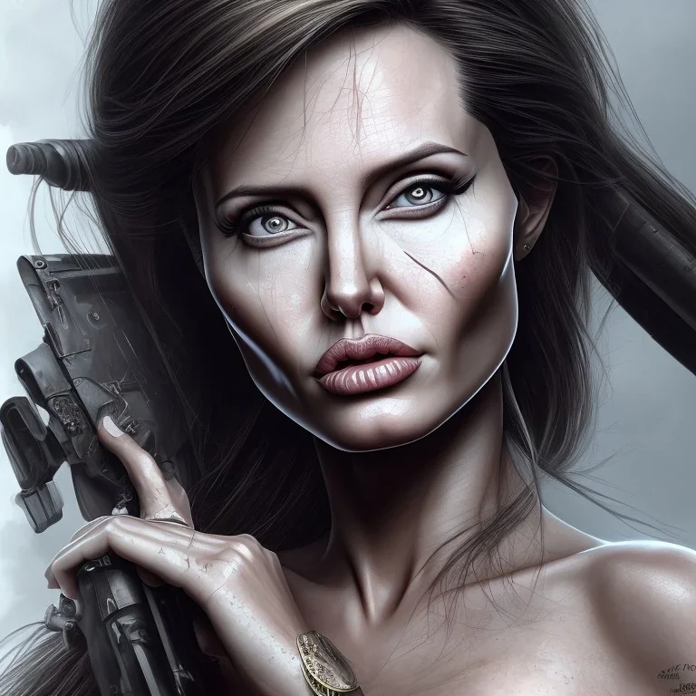 portrait Angelina Jolie gun long hairs big bobs Tomb Raider