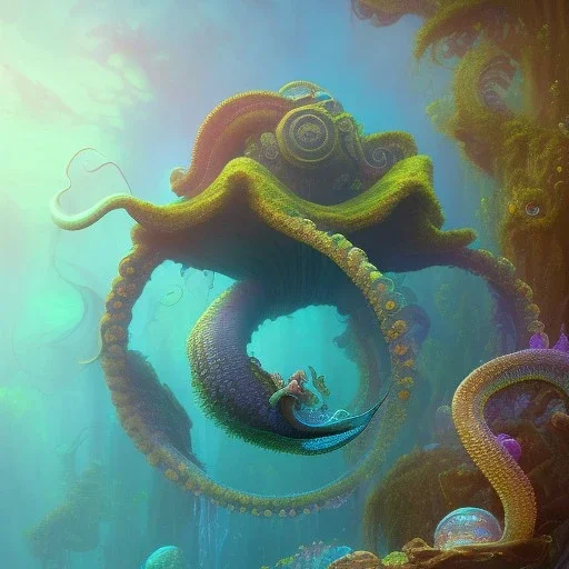 pixar style, volumetric sunken temple environment and background, realistic painting of a mermaid and octopus, looking excited, detailed digital painting, extreme dense and fine fur, anime, ornate, colour-washed colors, elegant, small minutiae, tiny features, particulars, centered, smooth, sharp focus, renderman gofur render, 8k, uhd, detailed eyes, realistic shaded volumetric lighting, sunlight caustics, backlight, centered camera view