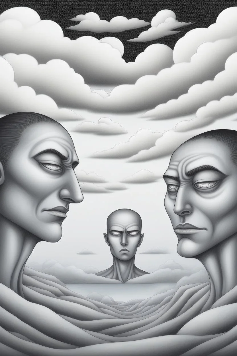 Nightmare in my mind, evil in many faces, Busch painting nightmare, thin line draw, 3D gray clouds colors