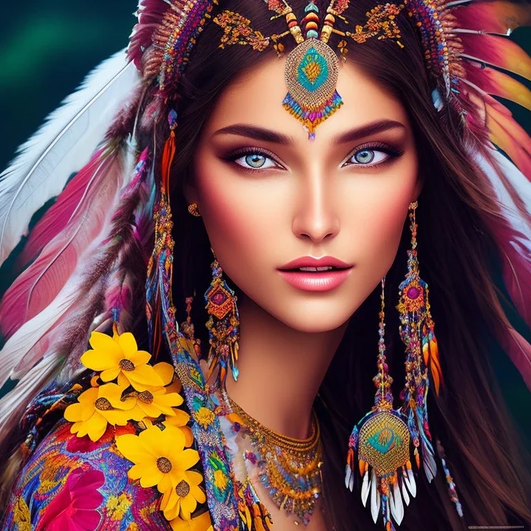 bright native american fairy, beautiful portrait, flowery landscape