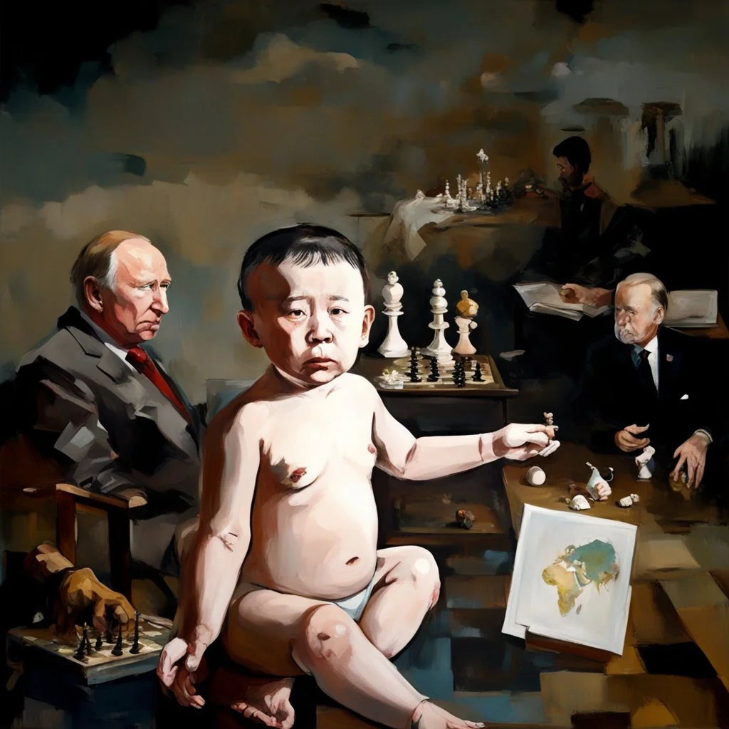 Putin, President Xi Of China And Joe Biden Play Chess With Atomic Bomb Mushroom Cloud,Complex Surgical Instruments Intermixed With A Newborn Boy,Minimalism,Painting By Adrian Ghenie,Rene Magritte,Pablo Picasso,Michelangelo,Salvador Dali,Lucian Freud