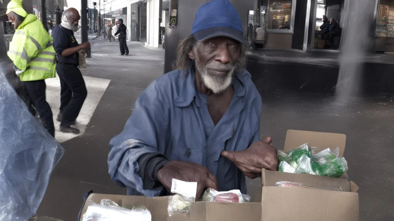 dirty homeless man receiving cash for his groceries to strangers